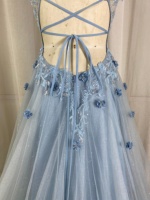 Gaun Malam Dusty Blue Model A-Line dengan Bordir Bunga 3D, Payet, Manik-manik, Kristal, Hot Fix Rhinestone, Tulle, Gaun Formal untuk Prom