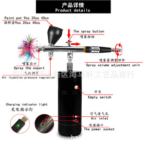 Ensemble d'aérographes avec pompe à air, alimentation par gravité, double action, vitesse réglable, alimenté par USB, portable, pour travaux d'art, peinture de modèles - Product Image 2