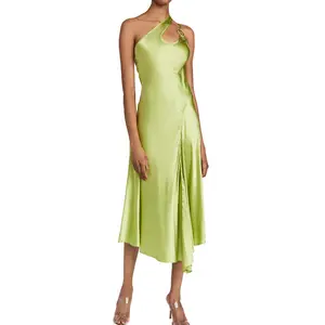 Custom Fashion Green Women Clothing Lady Elegant Evening Party Casual Sleeveless Silk Sexy Asymmetrical Midi Dress