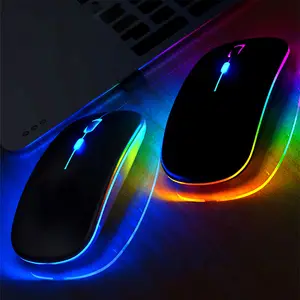 Mouse ultra-fino sem fio, recarregável mudo silencioso led colorido luzes para computador