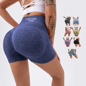 Özel Logo Yoga kısa pantolon yumuşak kumaş yüksek bel kalça kaldırma spor sıkı dikişsiz spor Yoga şort kadın için