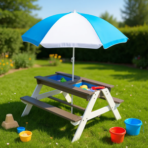 Table de pique-nique en bois pour enfants avec parasol 3 en 1, jeu de sable et d'eau, design contemporain pour 2 places, gris - Product Image 2