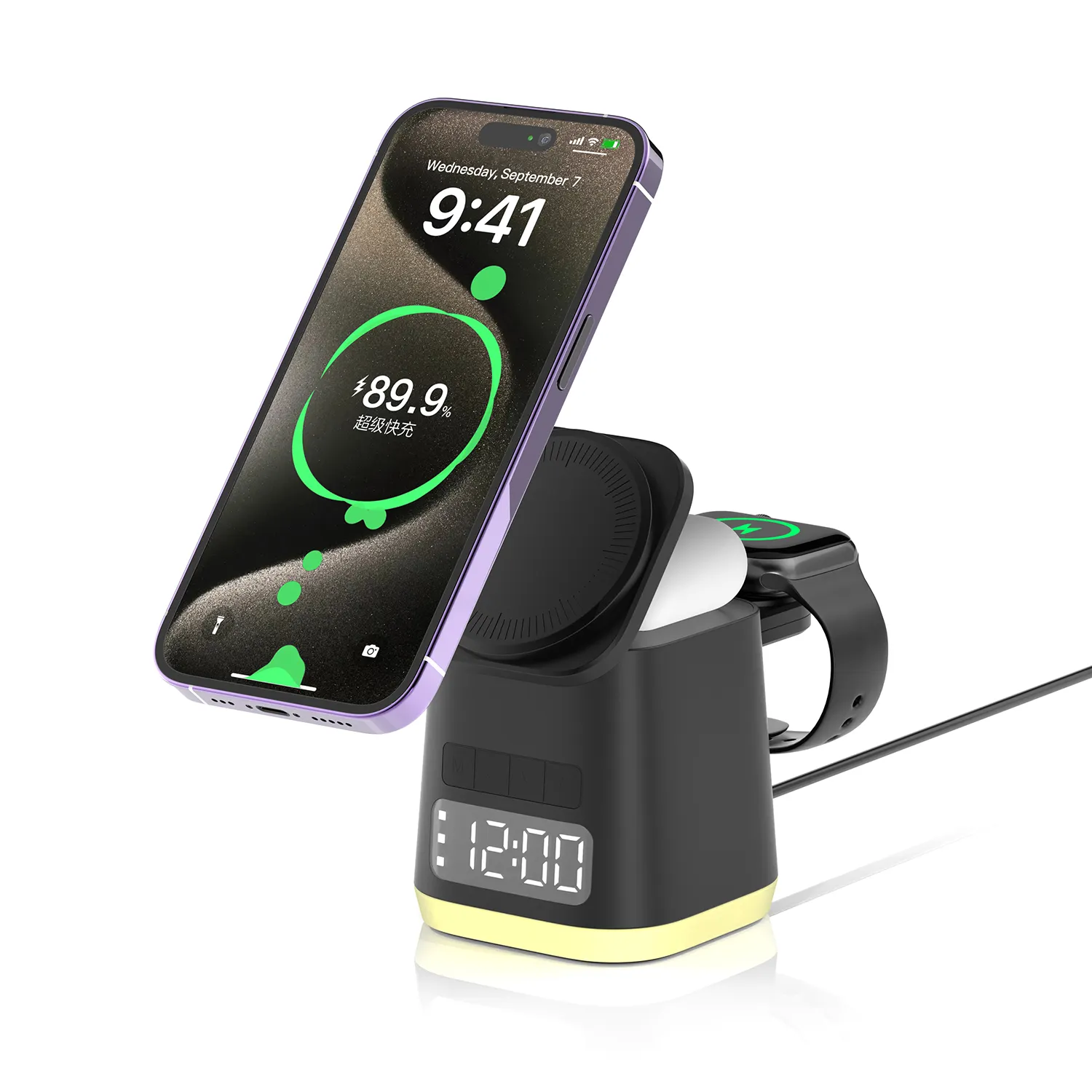 Jam Alarm Digital 5 in 1 QI 15W, pengisi daya nirkabel untuk Iphone Huawei IWatch Airpods