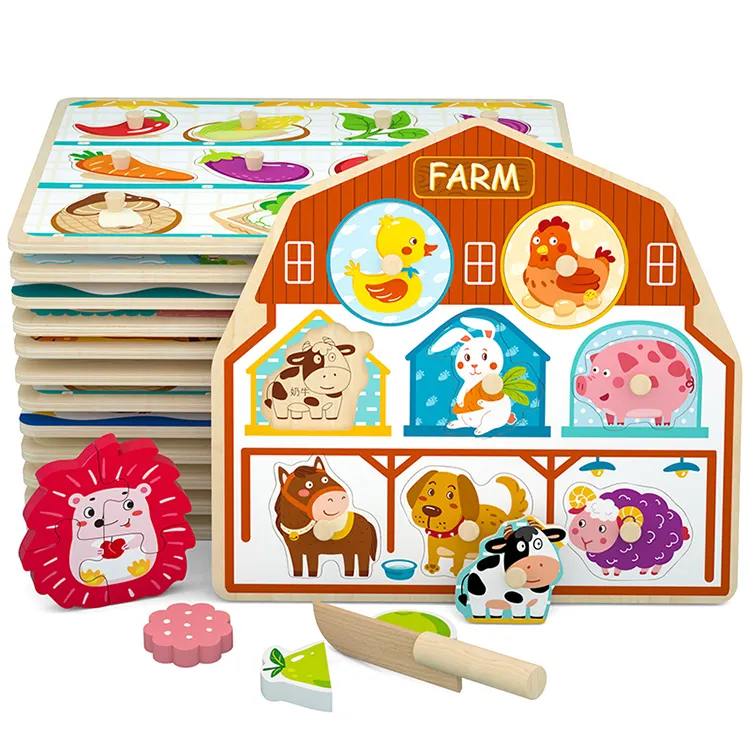 Newest design kids wooden jigsaw puzzle toy ins shape matching educational toys 3d animal car vegetables fruit toys
