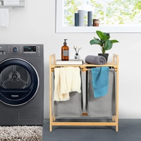 Panier à linge autoportant en bambou avec sacs coulissants, organisateur de vêtements en bois, paniers de rangement pour la salle de bain