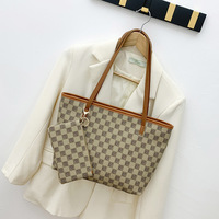 Fashion tas tote kulit PU wanita pola kotak-kotak, tas tangan kapasitas besar, tahan air, set 2 buah