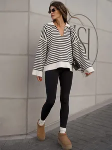 <span class=keywords><strong>Maglione</strong></span> a Righe Stile Coreano da <span class=keywords><strong>Donna</strong></span> DN con Colletto a <span class=keywords><strong>Polo</strong></span>, Maniche Lunghe, Pullover Lavorato a Maglia Ampio per Autunno e Inverno - Product Image 2