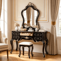 Ensemble coiffeuse antique européenne noir et or avec miroir et tabouret, table de maquillage de luxe pour chambre à coucher, mobilier de maison