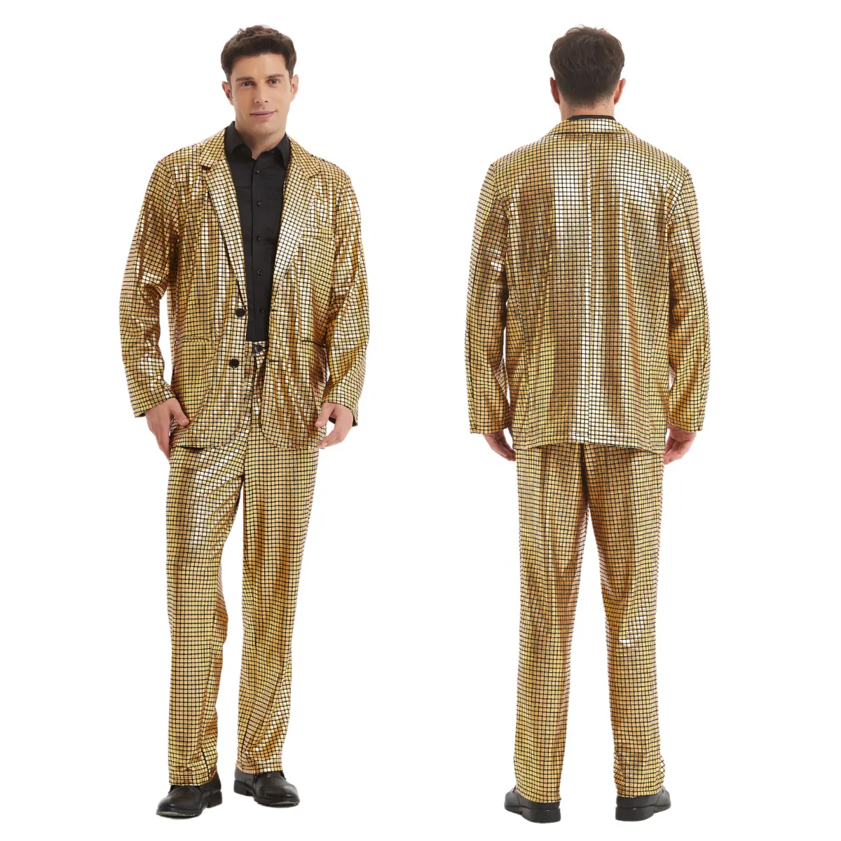 Costume à paillettes laser dorées pour hommes, veste habillée pour fête d'Halloween et anniversaire, pantalon, costume de bal de promo disco inspiré de la télévision et des films