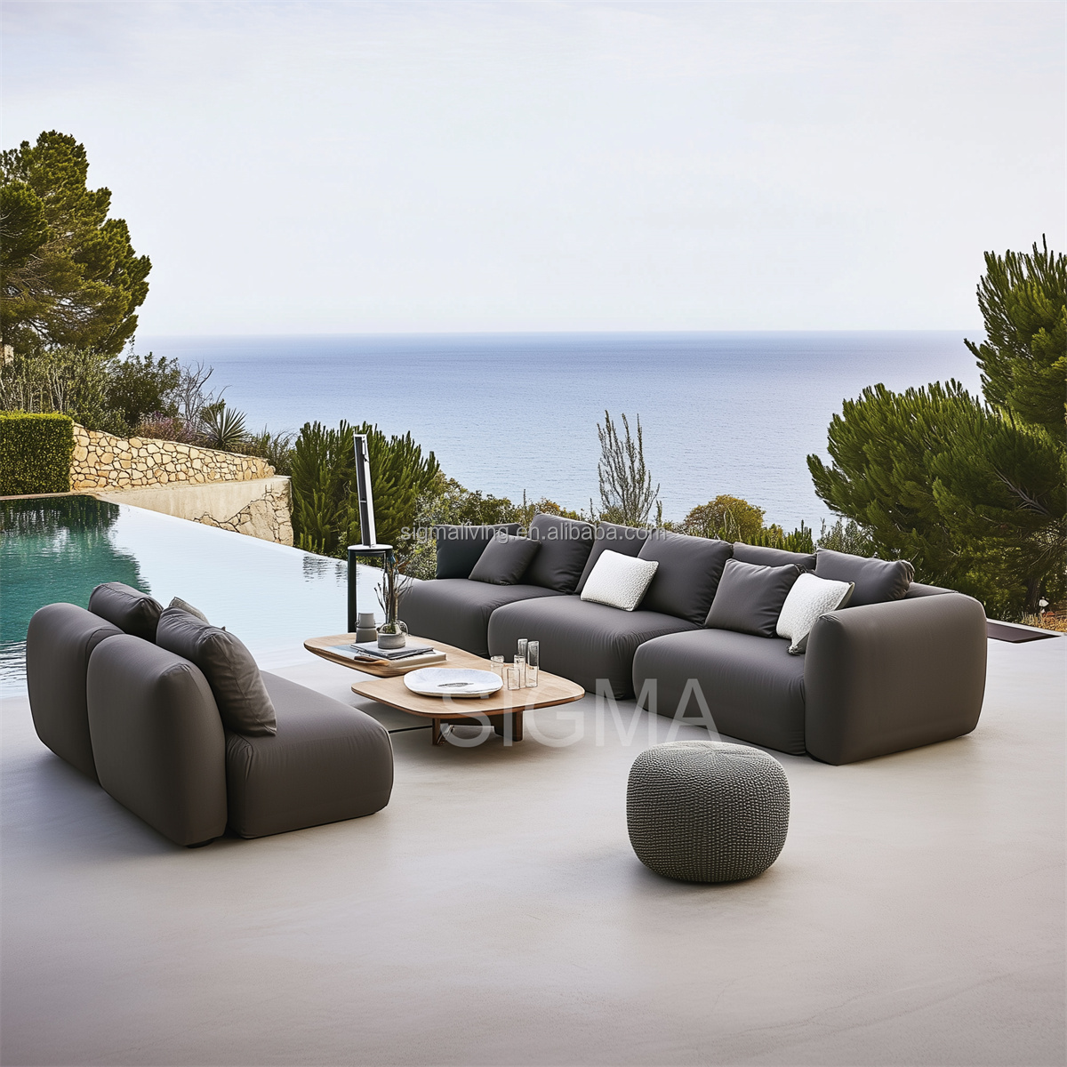 Customize All Weather Luxury Factory Patio Outdoor Furniture Hotel Pool Garden Sofa Set Outdoor Fabric Metal Frame L Shape Sofa