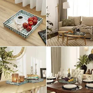 Juego de 2 bandejas cuadradas con incrustaciones de perlas para el hogar, Set de bandejas con incrustaciones de concha de mar, juego de bandejas para el hogar, restaurante y decoración - Product Image 5