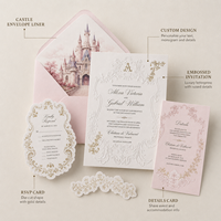 Suite d'invitations de mariage de luxe gaufrées avec doublure d'enveloppe en forme de château, design floral personnalisé, impression numérique, papier fantaisie