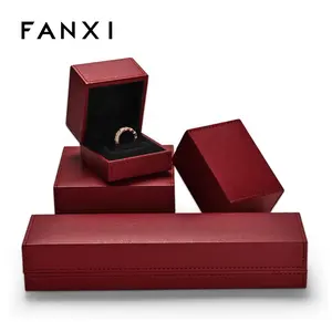 FANXI 주문 로고 반지 귀걸이 목걸이 포장 상자를 위한 까만 우단을 가진 호화스러운 바느질 보석함 빨간 pu 가죽