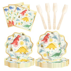 DAMAI Animal Kids Happy Birthday Party Supplies Dinosaur Pattern Petal Shape <b>Disposable</b> <b>Tableware</b> Paper Napkins Cups Plates - Product Image 5