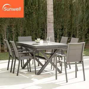 Ensemble de salle à manger extérieur moderne extensible, grande <span class=keywords><strong>table</strong></span> de patio en <span class=keywords><strong>aluminium</strong></span> 160-240 cm avec 8-<span class=keywords><strong>12</strong></span> chaises empilables pour fête de jardin - Product Image 1