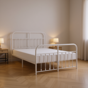 Struttura letto matrimoniale in acciaio bianco con box spring, design minimalista, mobili per camera da letto - Product Image 2