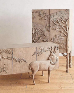 Armoire d'appoint sculptée à la <span class=keywords><strong>main</strong></span> en forme de cerf, blanc vieilli, avec relief floral de cerf, rangement, buffet, armoire en bois antique - Product Image 6