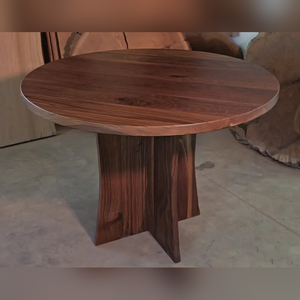 Modern Round Walnut <b>Dining</b> <b>Table</b> With Metal Base Solid Wood <b>Top</b> Stable Design For Home Furniture Customizable Size - Product Image 3
