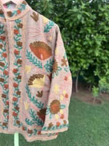 TNT Embroidered Knitted Floral Cotton Bomber <b>Jacket</b> <b>Women</b> Autumn/<b>Spring</b> Dusty Peach / Blush Pink (base Fabric) Brown - Product Image 3