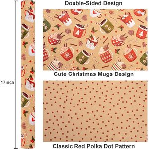 Christmas Wrapping Paper Roll Reversible Kraft Holiday <b>Mugs</b> Design 46.8 Square Feet Gift Craft Packaging - Product Image 3
