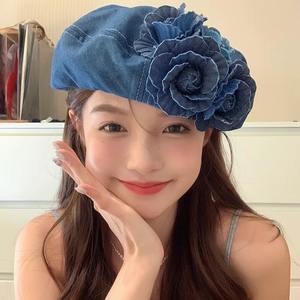 Tendance spectacle visage petite fille peintre bleu Denim chapeau automne et hiver Niche couleur 3D fleur Cowboy béret - Product Image 2