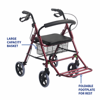 Déambulateur en aluminium avec siège et repose-pieds pliables, rouge, 4 roues, aide à la marche pour les personnes âgées