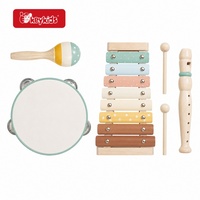 Wooden Kids Musical Instrument Set with Xylophone, Tambourine, Maraca, and Recorder Flute in Pastel Colors for Toddlers W07A260C