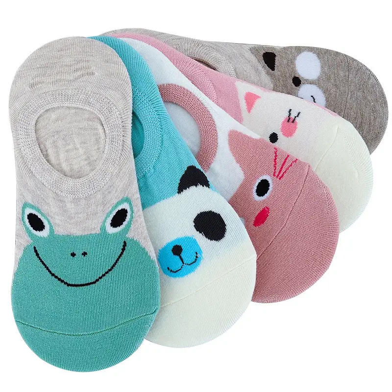 Cute animal design invisible boat socks cotton no show socks anti-slip women silicone socks