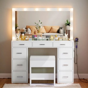 Table de maquillage moderne en bois avec miroir LED et tiroirs, table de toilette <span class=keywords><strong>vintage</strong></span> en verre d'angle en gros - Product Image 1