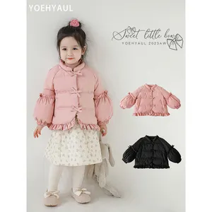 Filles Fungus Dentelle Petit Arc Coton Vêtements Hiver Enfants Simple et Frais Petit Col Montant Manches Bouffantes Veste