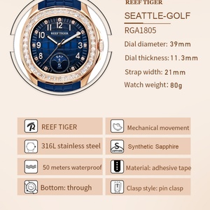 Reloj Deportivo Multifunción Cuadrado de Oro Rosa para Hombre Reef Tiger/RT, Reloj de Pulsera Mecánico de Caucho Luminoso con Calendario de Golf RGA1805 - Product Image 2
