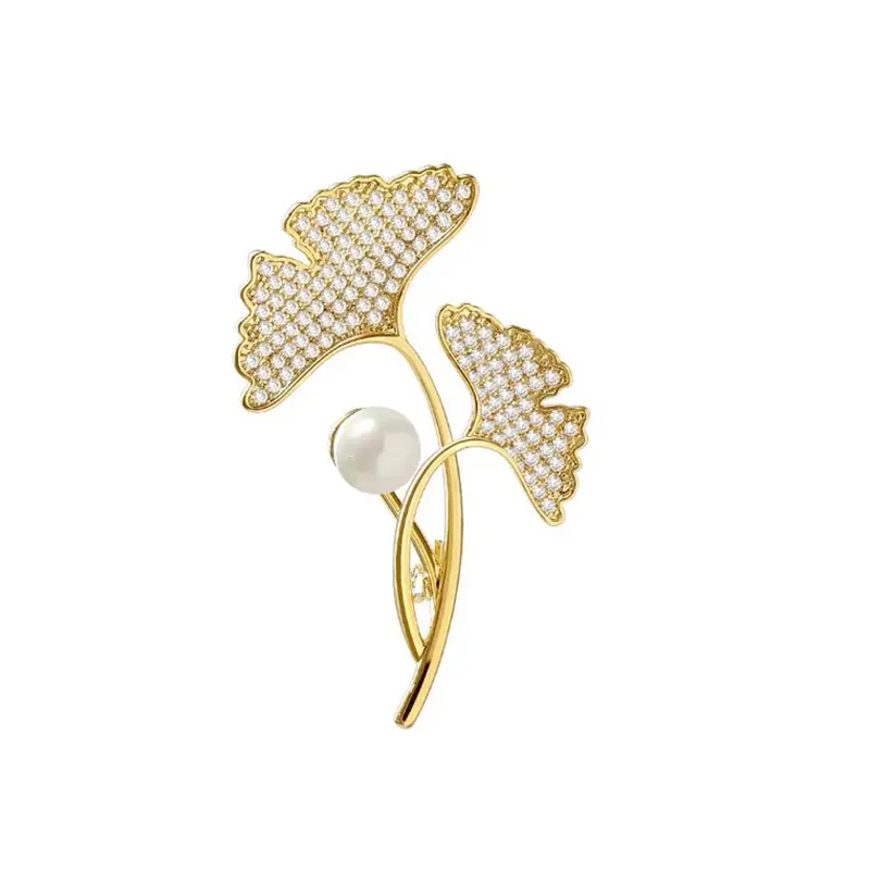 Crystal Pearl Ginkgo Leaf Broschen für Frauen Emaille Pins Plant Style Mode Brosche Schmuck Strass Blätter Bouton niere