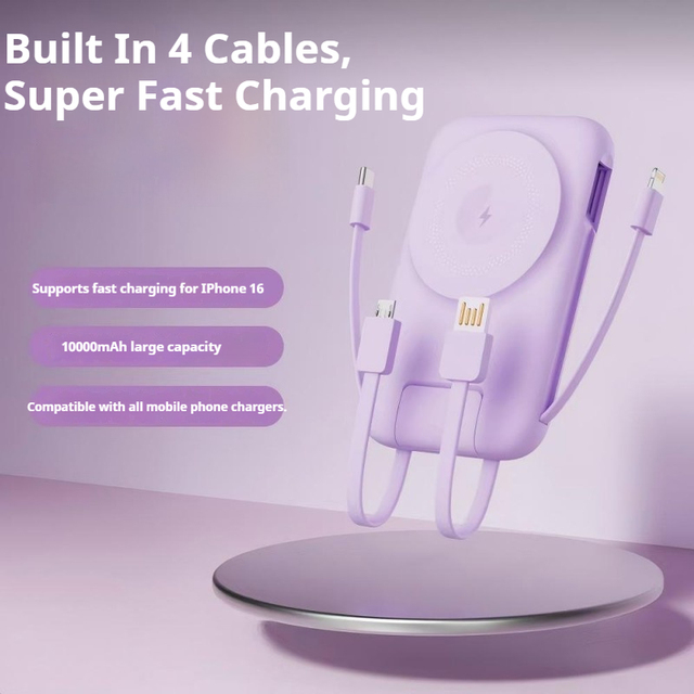 New Three-in-One Magnetic Wireless Power Bank 10000mAh Fast Charge 22.5W Built-in Four Cables Holder Phone Stand Portable