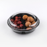 Aangepaste voedselveilige PET 2-compartimenten snackverpakking, transparant, milieuvriendelijk, recycleerbaar plastic doosje voor noten, fruit en groenten