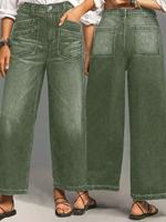 Jeans pour femmes, taille haute, vert olive, cargo, jambes larges, denim vintage lavé, multi-poches