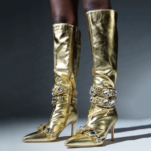 Big Diamonds Embellished Side Zipper Women's Knee High <b>Boots</b> Pointed Toe Cross Straps Long Booties Gold Stiletto Heels - Product Image 1