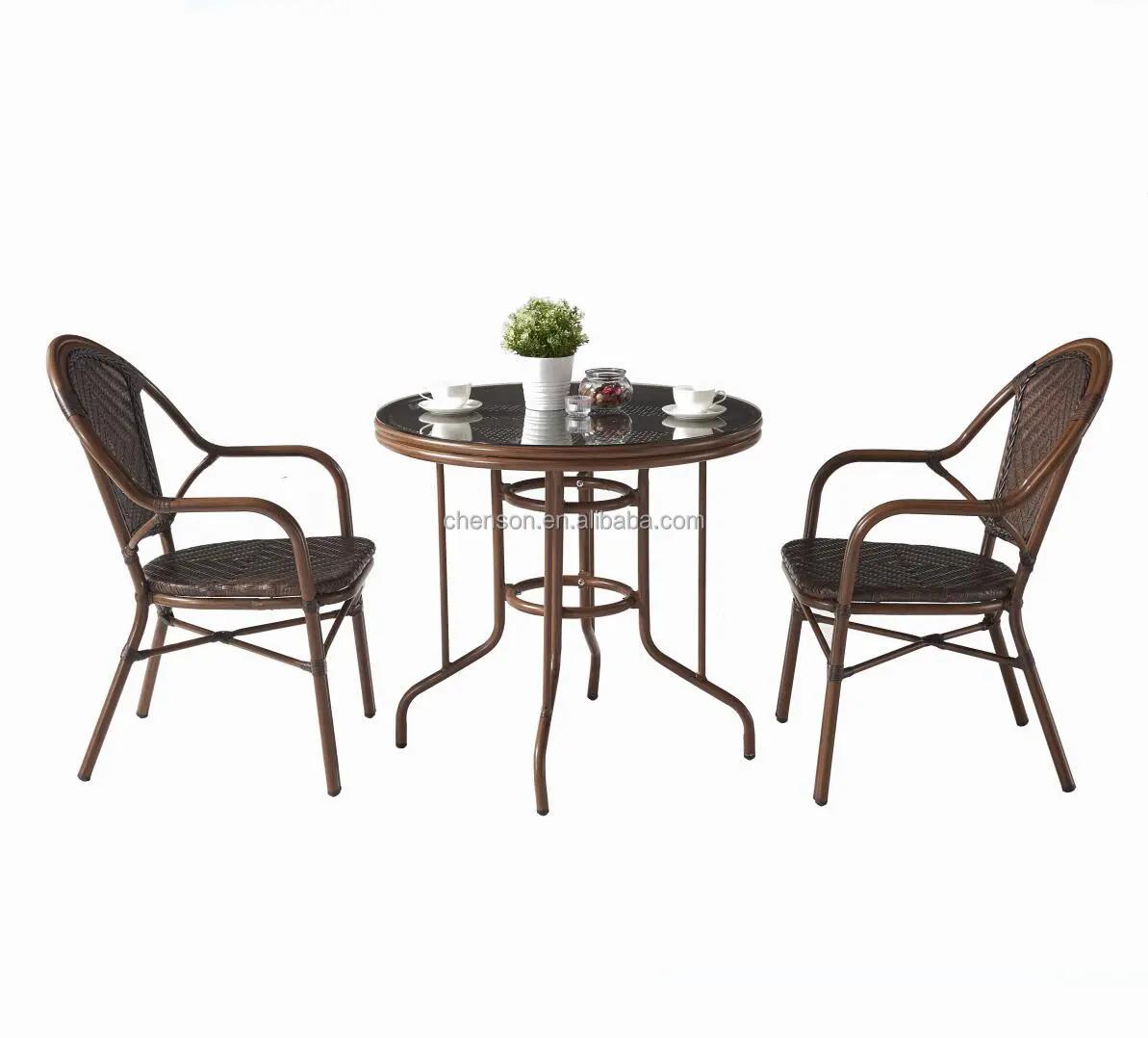 Aluminum Outdoor Dining Set Stacking Bamboo Like PE Rattan Chair and Table in Low Price