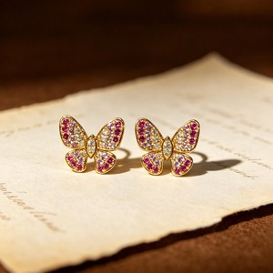 Xinfly Solid 18K Gold Natural Pink Sapphire Diamond Butterfly Stud <b>Earrings</b> Graduated Gemstone Outline AU750 Niche Gift Factory - Product Image 2
