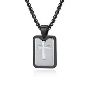 KOMI <span class=keywords><strong>Argent</strong></span> Noir Or Acier Inoxydable Rectangle Médaille Gravé Croix Pendentif <span class=keywords><strong>Collier</strong></span> pour Hommes Boîte Chaîne 24 Pouces Bijoux Cadeaux - Product Image 2