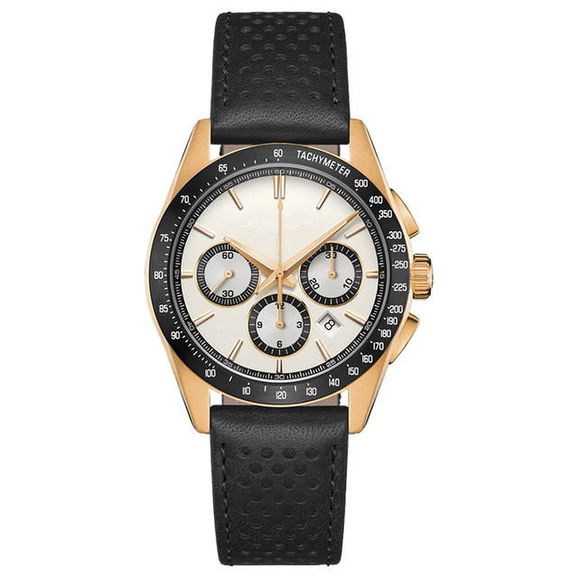 New Times Branded Chronograph Watch Panda Design White and Black Face 316L SS case and Leather Strap U3008