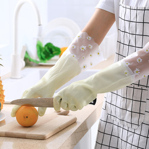 Women's Dishwashing Gloves Thickened <b>Rubber</b> Latex Waterproof With Fleece Lining For Housework Flower Pattern 10 Inch - Product Image 3
