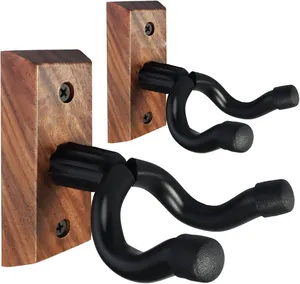 Black Walnut Wood Wall Mount Guitar Hanger Hook Holder Stand with Screws Rotatable Yoke for Headstocks Soft Padded Metal Frame