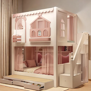 Lit superposé multifonctionnel pour enfants en bois, design château, mobilier <span class=keywords><strong>de</strong></span> chambre d'enfant avec escalier et toboggan - Product Image 1