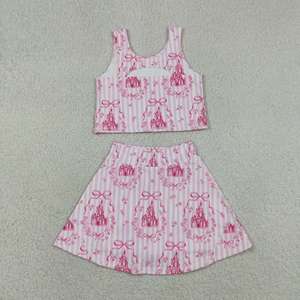 Conjunto deportivo con falda y top sin mangas con estampado de castillo rosa para niñas pequeñas, top sin mangas con lazo coqueto y falda, conjunto deportivo informal para viajes de niños - Product Image 4