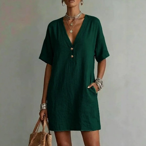 Vestido de poliéster de longitud media con botones y bolsillos, informal y cómodo, para <span class=keywords><strong>mujer</strong></span>, novedad de verano 2026 para el mercado europeo y americano. - Product Image 2