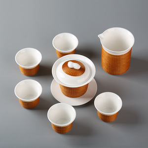 Dehua White Porcelain <b>Tea</b> <b>Set</b> With Bamboo Weaving Cover Bowl Teacups Fairness Cup Traditional Chinese Style Gift <b>Set</b> - Product Image 1