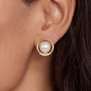 Boucles d'oreilles clous en cuivre plaqué or 18 carats avec cercle ouvert, zircon cubique et perle blanche pour femme, bijoux modernes en zircon et perles, cadeau idéal - Product Image 4