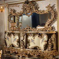 Ensemble table et chaises de salle à manger ovale de style européen classique turc ; Table de salle à manger extensible en bois massif doré élégante, hôtel, villa