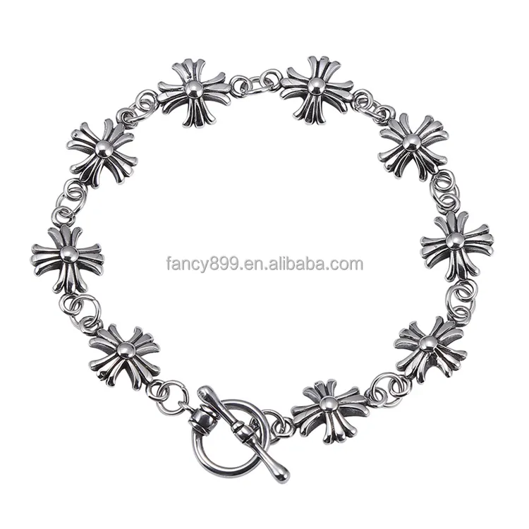 Mens fashion classy style OT wrist wear cross bracelet bulk stainless steel silver charm bracelet