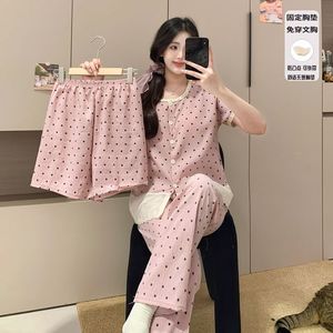 Conjuntos de ropa de dormir Pijamas Celebrante de Internet para mujer Verano Nueva nube Cinturón de algodón Almohadilla de pecho fija Pantalones cortos Conjunto de tres piezas Pijamas - Product Image 5